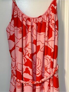 Red and Pink Floral Sundress with Braided Belt